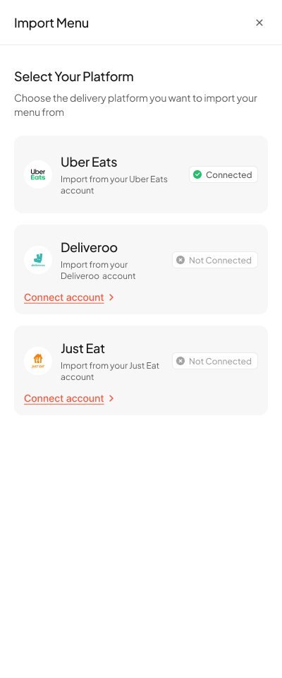 Import Menu drawer listing Uber Eats, Deliveroo and Just Eat with connection status.