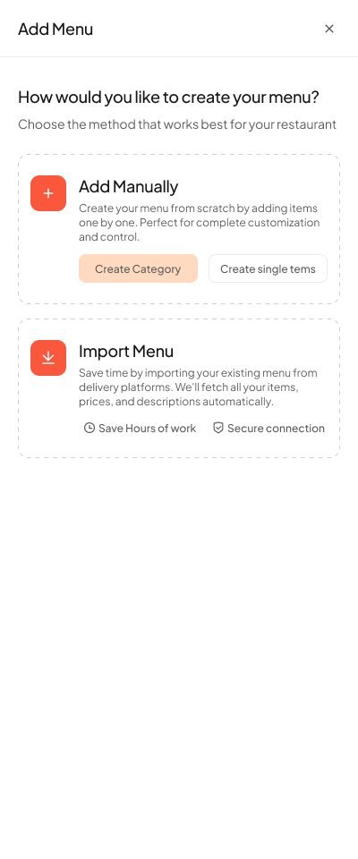 Add Menu drawer asking how to create the menu: Add Manually or Import Menu.