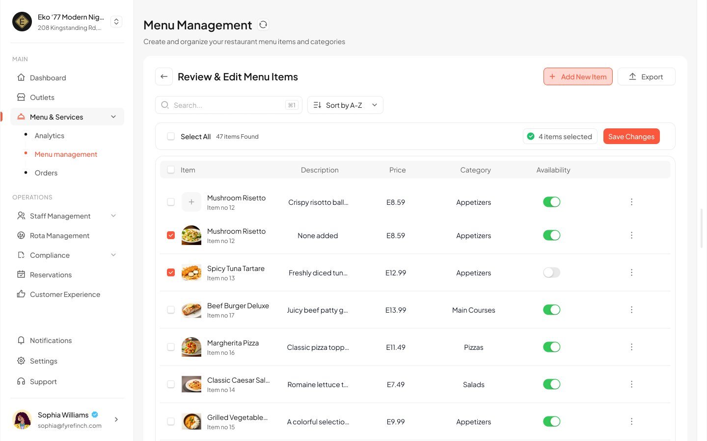Review and Edit Menu Items table with 4 items selected and a Save Changes button.