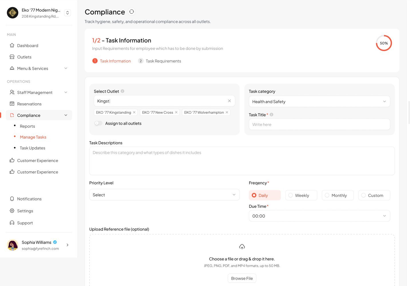 Create compliance task form, step 1 of 3, with task category, priority, frequency and reference documents.