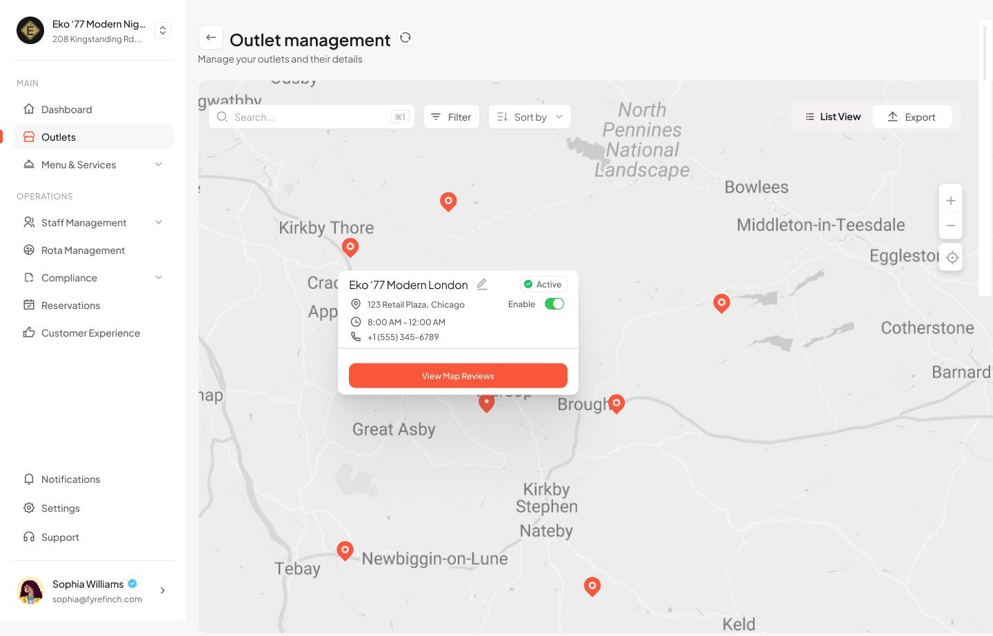 Outlet management map view with pins for each outlet and an open summary card.