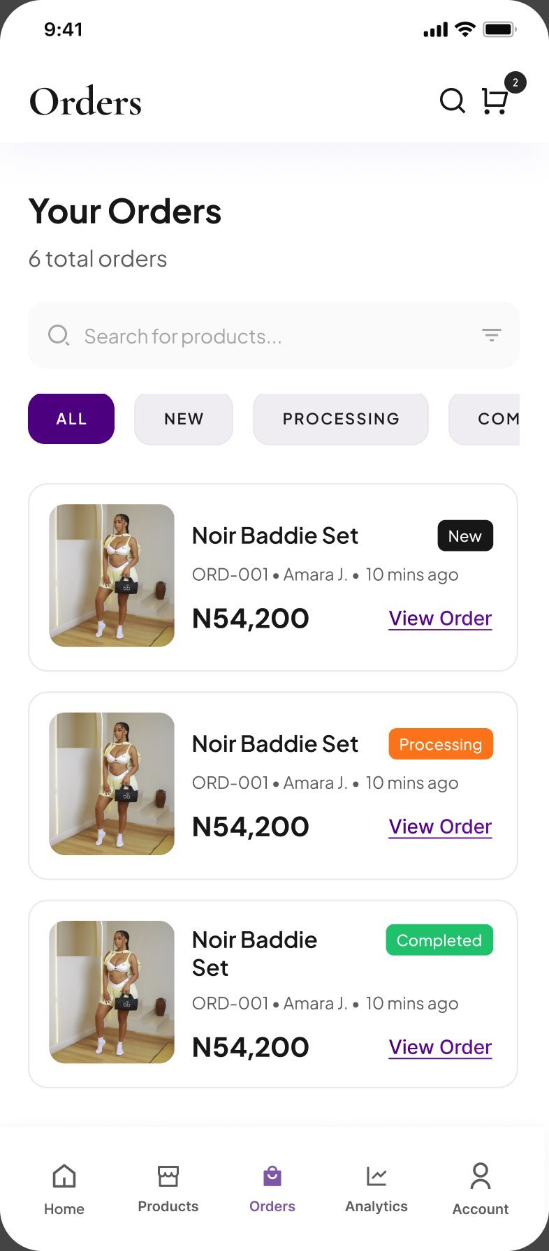 Your Orders with 6 total orders filtered by all, new, processing and completed