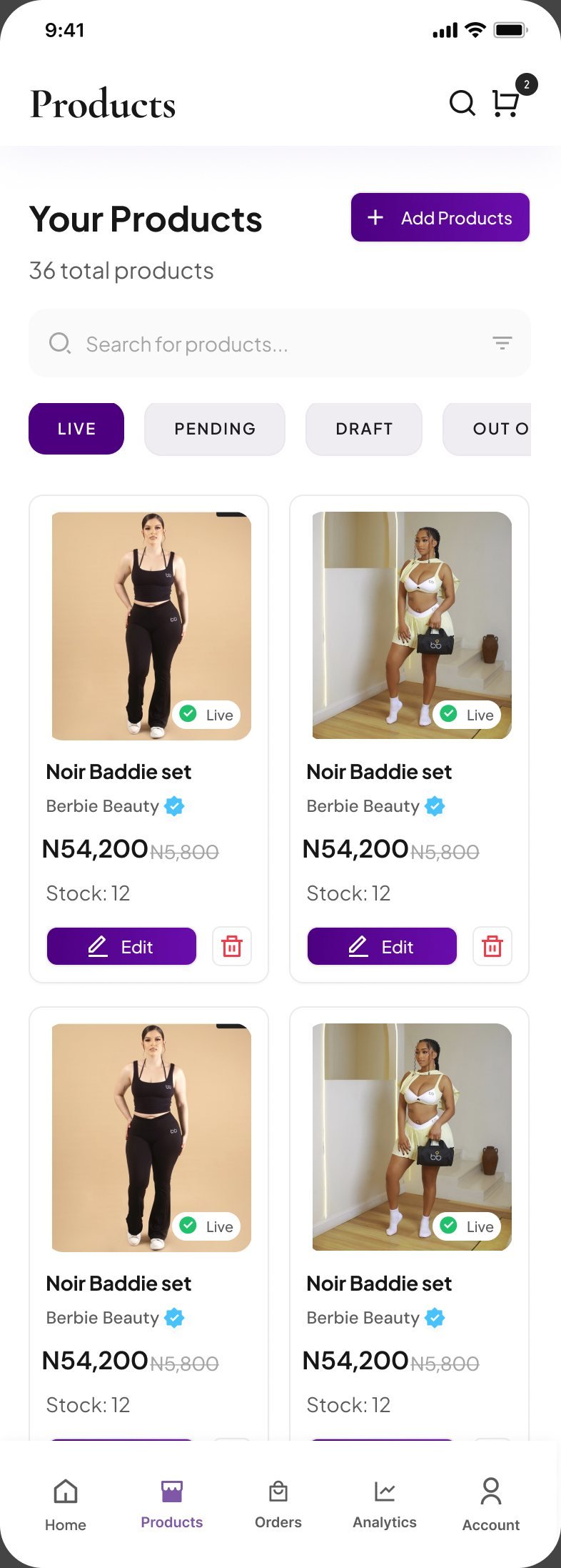 Your Products with 36 products filtered by live, pending, draft and out of stock, each card with edit and delete
