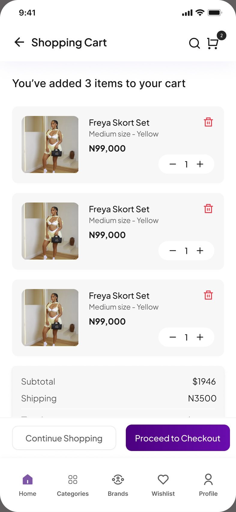 Shopping cart with three Freya Skort Set items, quantity controls, subtotal, shipping and Proceed to Checkout