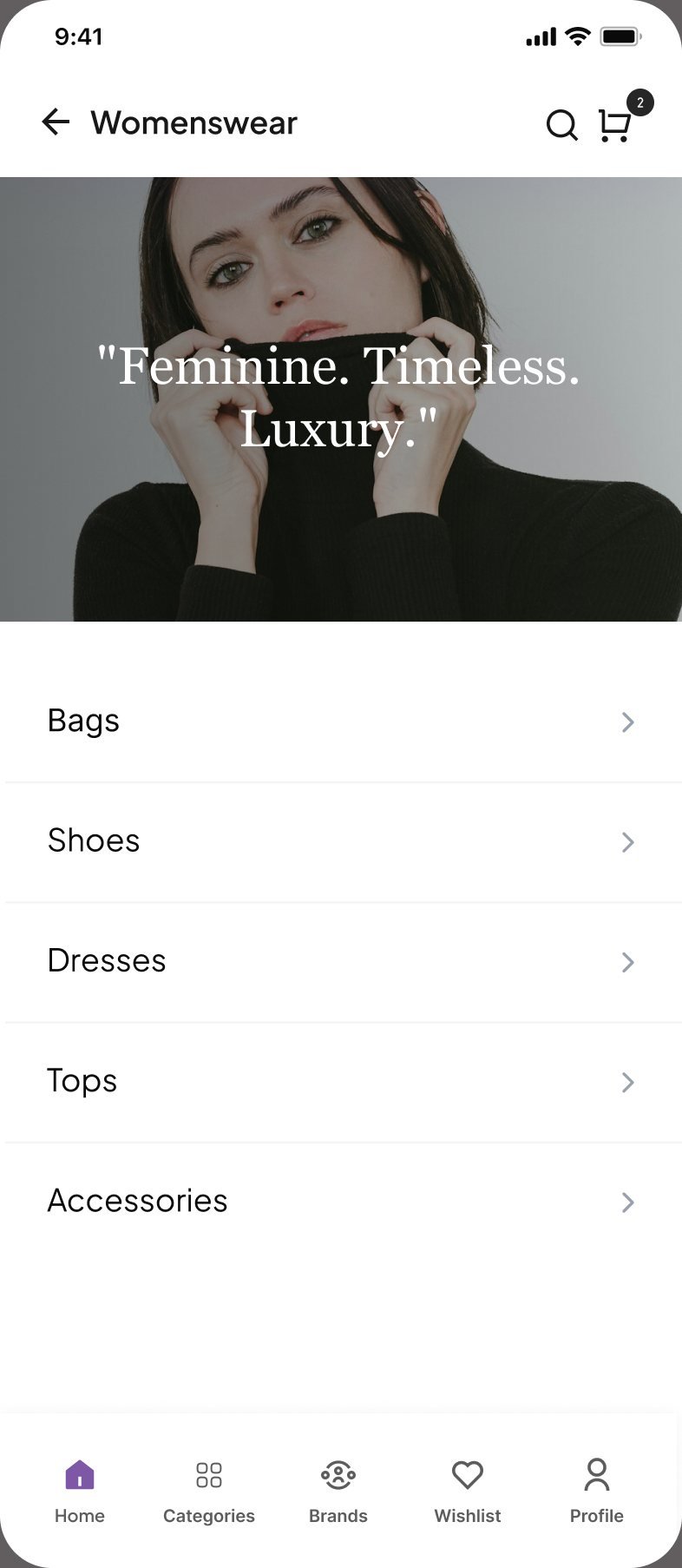 Womenswear category page with the campaign line Feminine. Timeless. Luxury. and a list of bags, shoes, dresses, tops and accessories