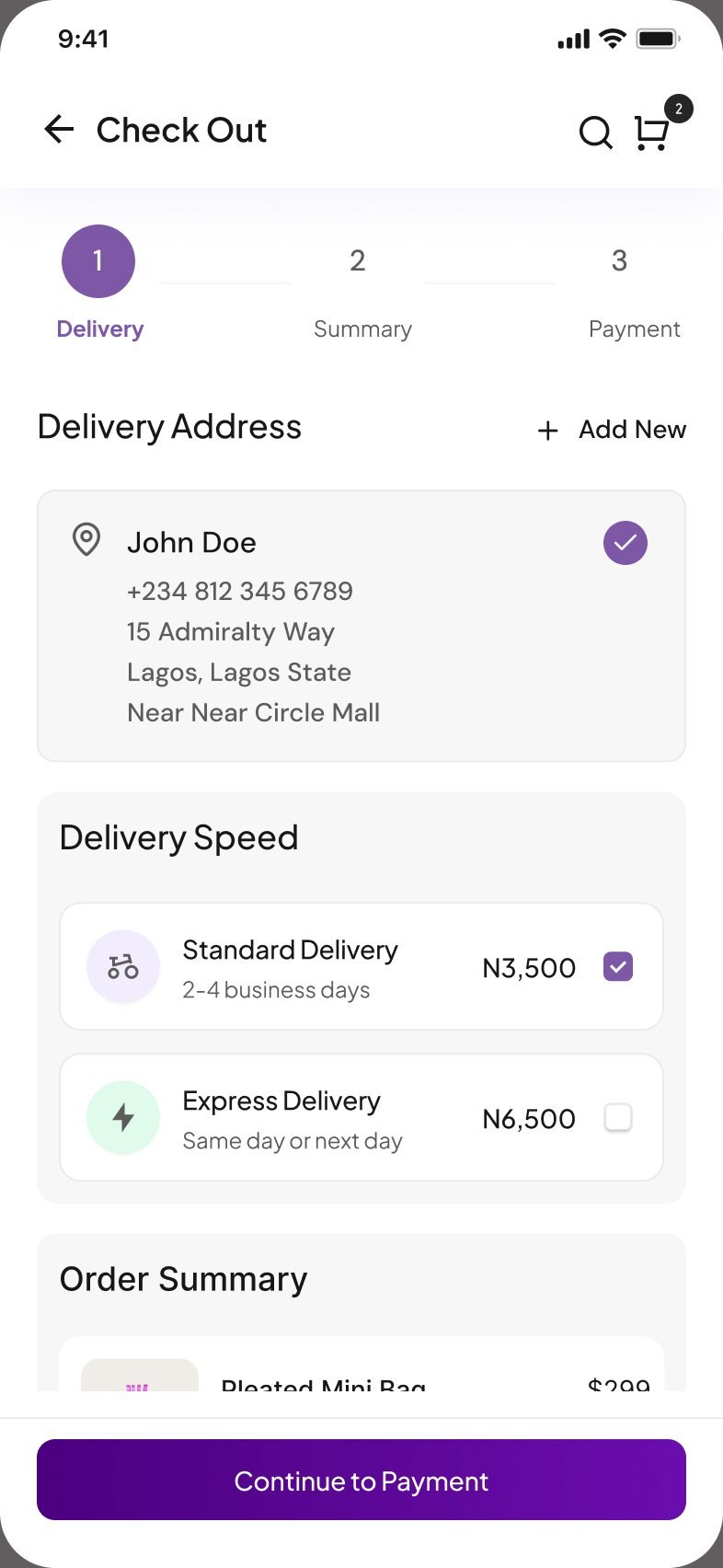Checkout step 1 of 3: delivery address and delivery speed with standard and express options