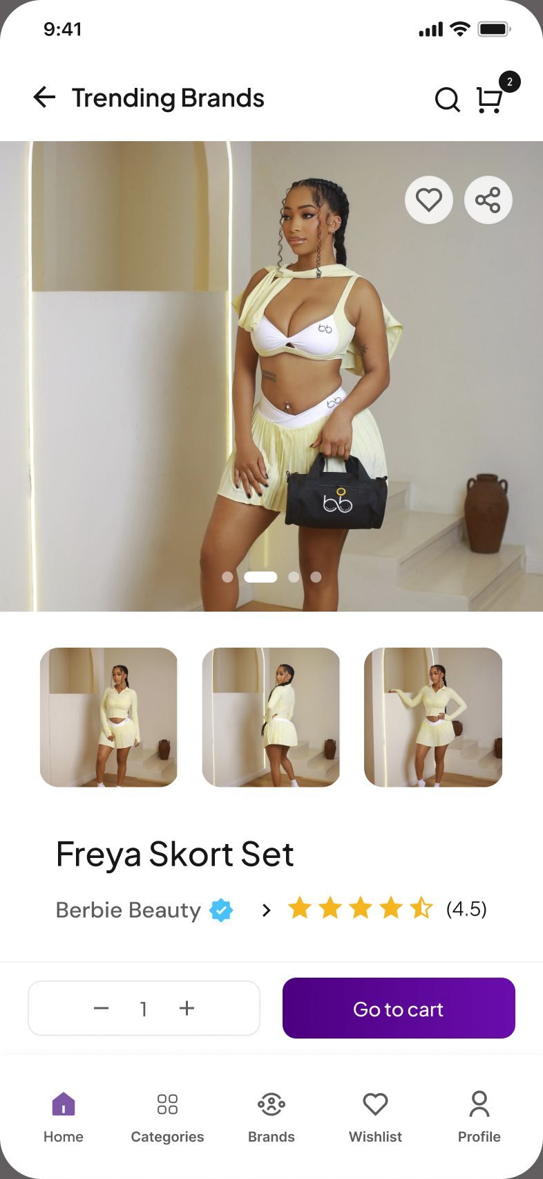 Product page for the Freya Skort Set by Berbie Beauty with an image gallery, 4.5 star rating, quantity selector and Go to cart button