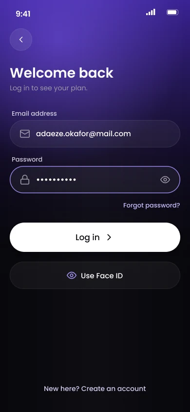 Welcome back log in screen with email, password, forgot password and Face ID