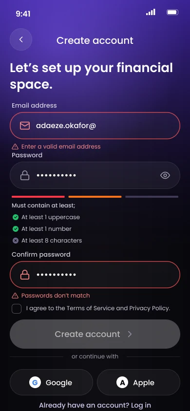 Create account error state with Enter a valid email address and Passwords don't match messages and a disabled button
