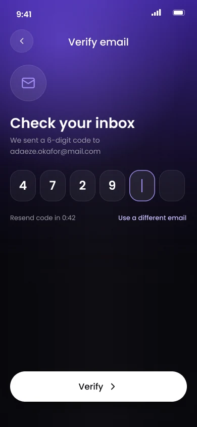 Verify email screen with a 6-digit code, resend timer and use a different email link
