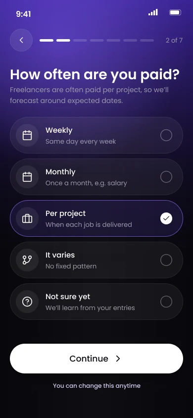 How often are you paid screen with per project selected