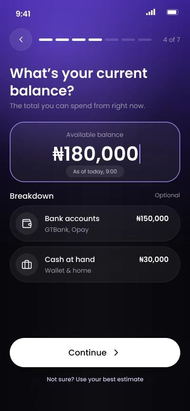 Current balance screen showing 180,000 naira with an optional breakdown of bank and cash