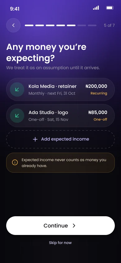 Expected income screen with a recurring retainer and a one-off payment, and a note that expected income never counts as money you have