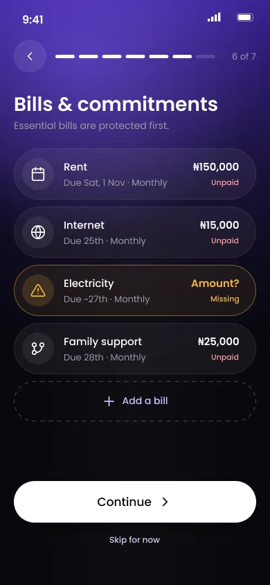 Bills and commitments list with rent, internet, electricity flagged as amount missing, and family support