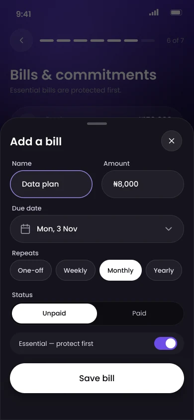 Add a bill sheet with name, amount, due date, repeat frequency, paid status and essential toggle