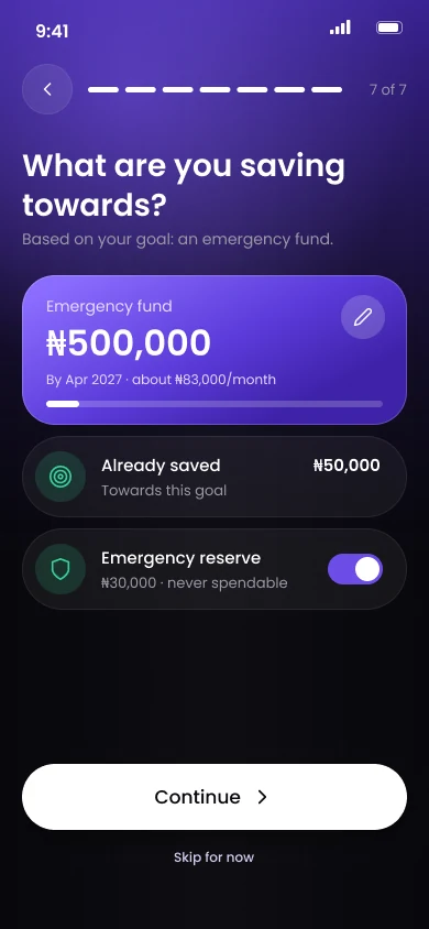 Savings screen with a 500,000 naira emergency fund goal and a protected emergency reserve