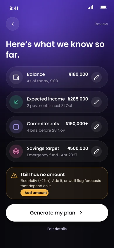 Review screen summarising balance, expected income, commitments and savings, with a warning that one bill has no amount