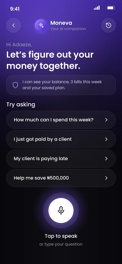 Moneva idle screen with suggested questions and a tap to speak button