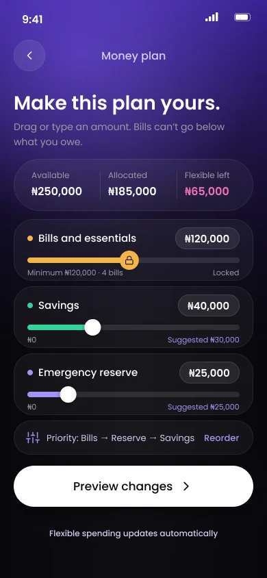 Edit allocations with sliders for bills, savings and emergency reserve