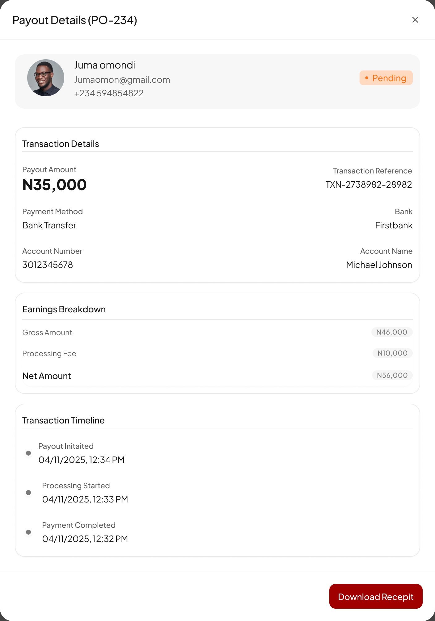 Payout details panel for PO-234: 35,000 naira bank transfer, earnings breakdown, and a transaction timeline