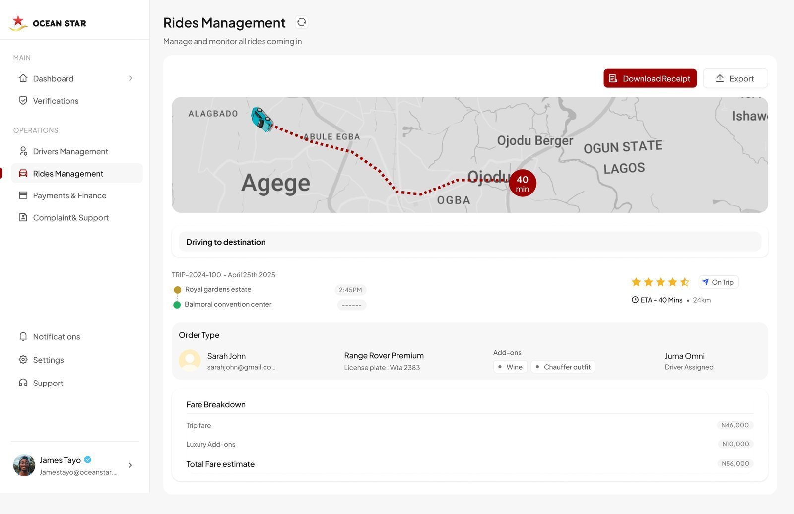 Rides management live tracking: map of Lagos with the car's route from Alagbado to Ojodu, 40 minutes ETA, trip on trip status, rider Sarah John, Range Rover Premium with wine and chauffeur outfit add-ons, and fare breakdown