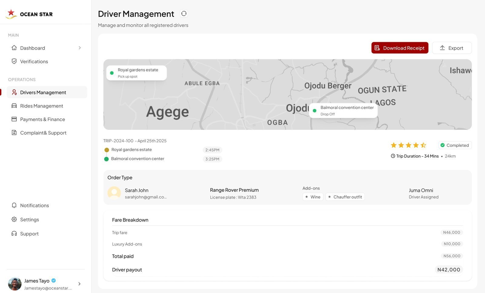 Completed trip in driver management: route map from Royal gardens estate to Balmoral convention center, 34 minute trip, 5 star rating, add-ons, and fare breakdown with driver payout of 42,000 naira