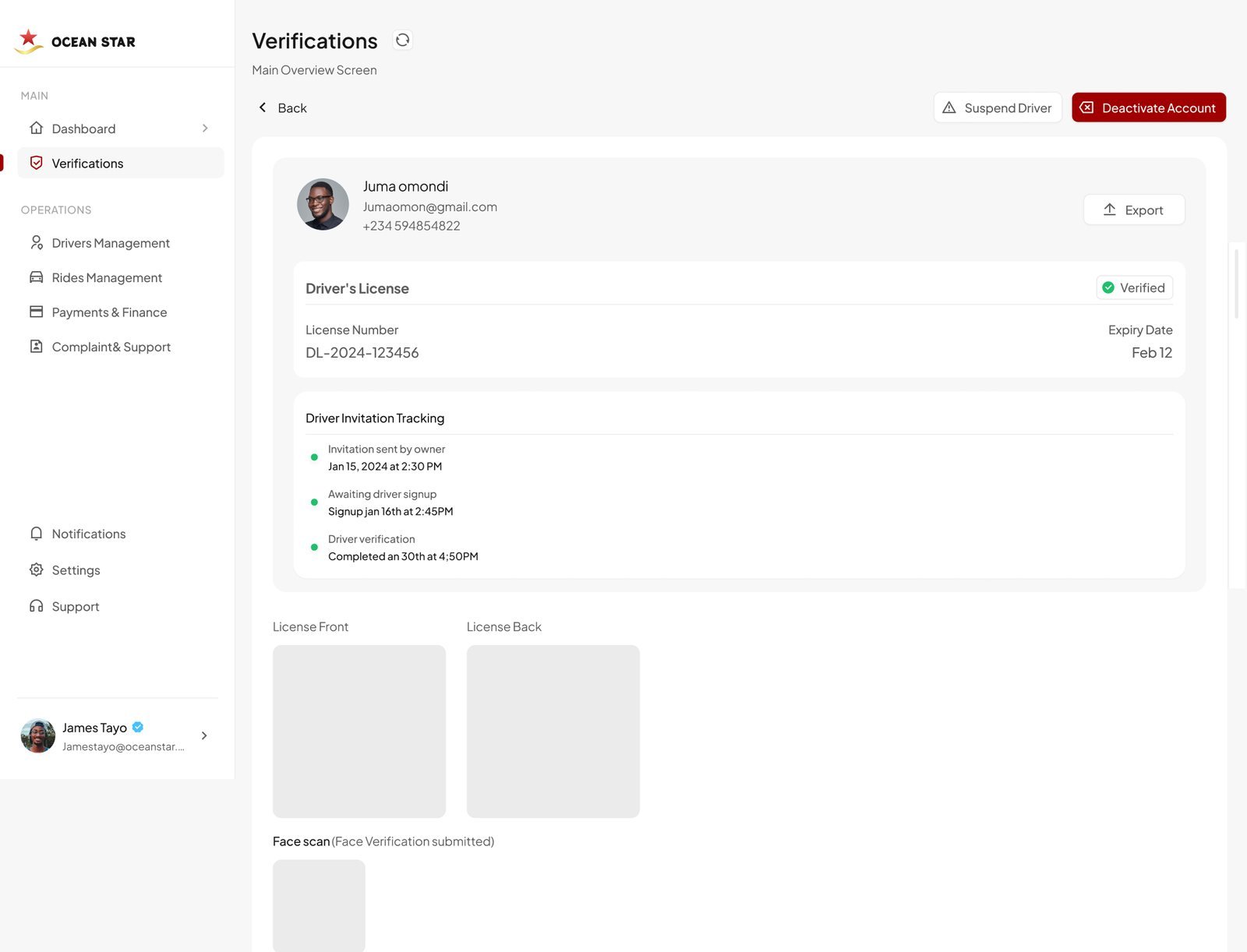 Driver verification page with verified licence, invitation tracking timeline, licence and face scan uploads and car details