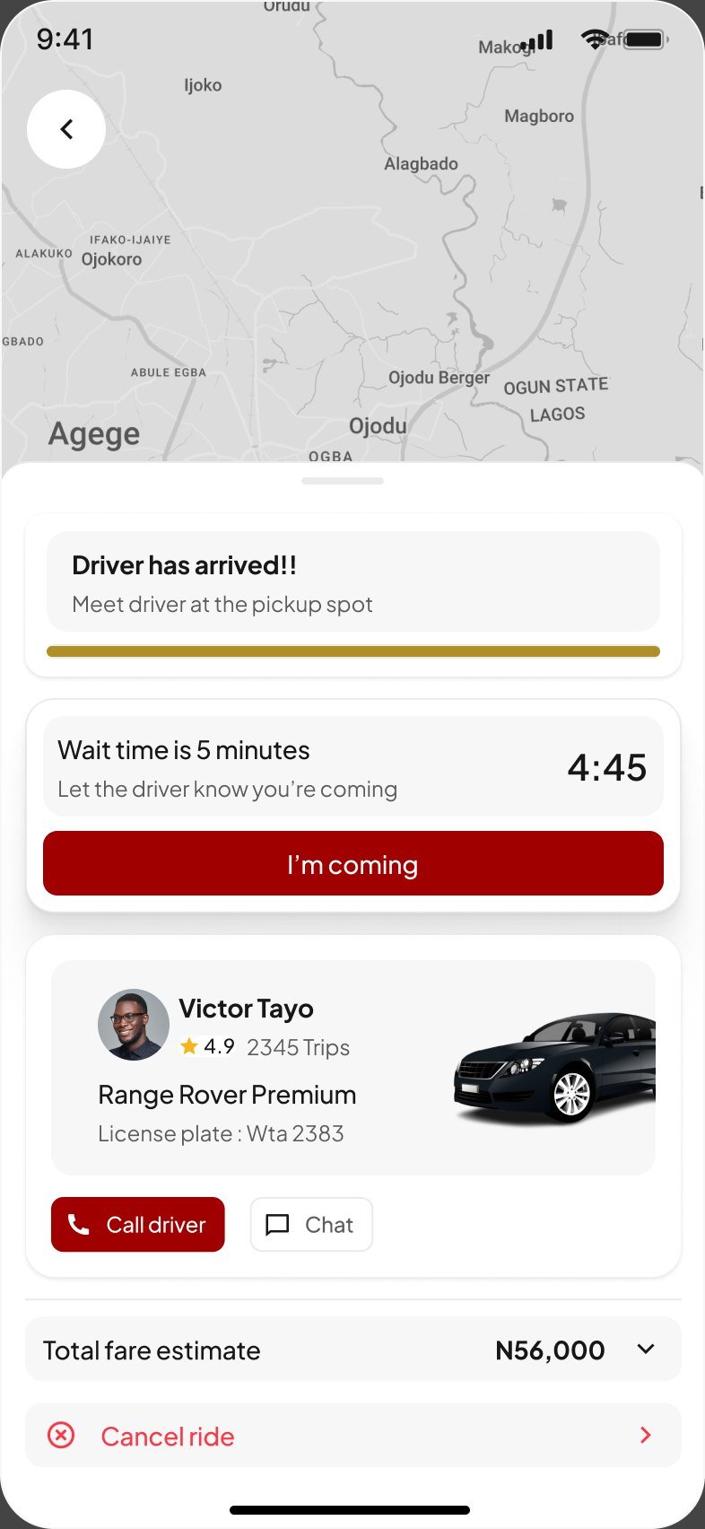 Driver has arrived screen with a 4:45 wait timer and an I'm coming button