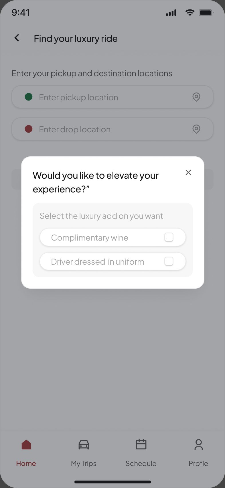 Would you like to elevate your experience modal offering complimentary wine and a driver dressed in uniform
