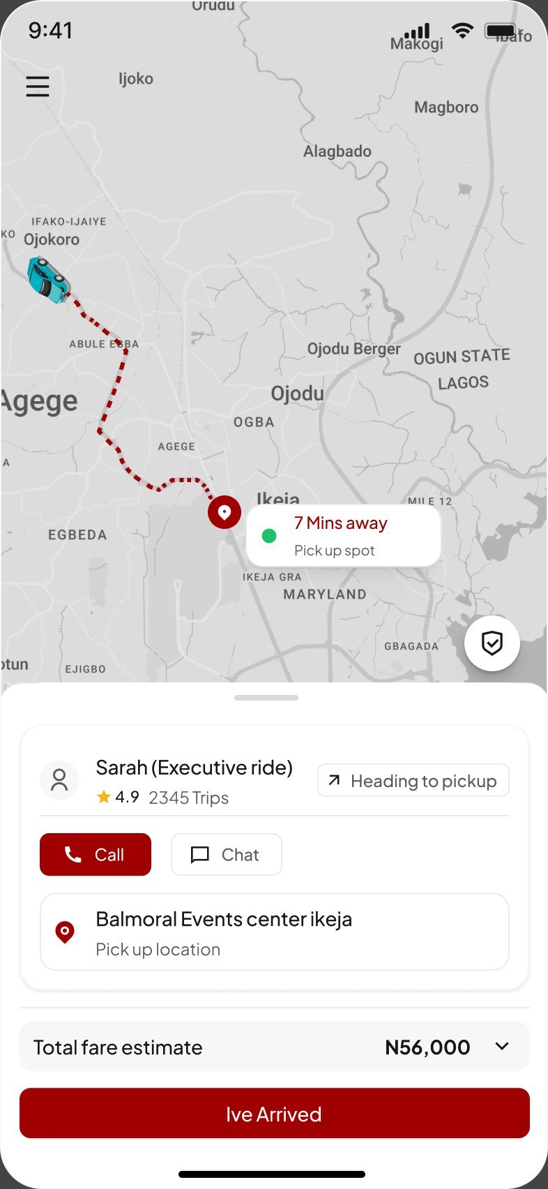 Driver heading to pickup for Sarah's executive ride, 7 minutes away, with an I've Arrived button