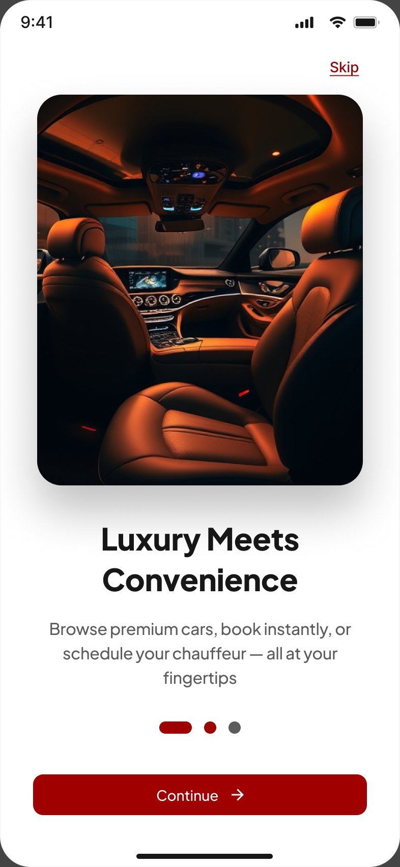 Onboarding slide titled Luxury Meets Convenience with a tan leather car interior