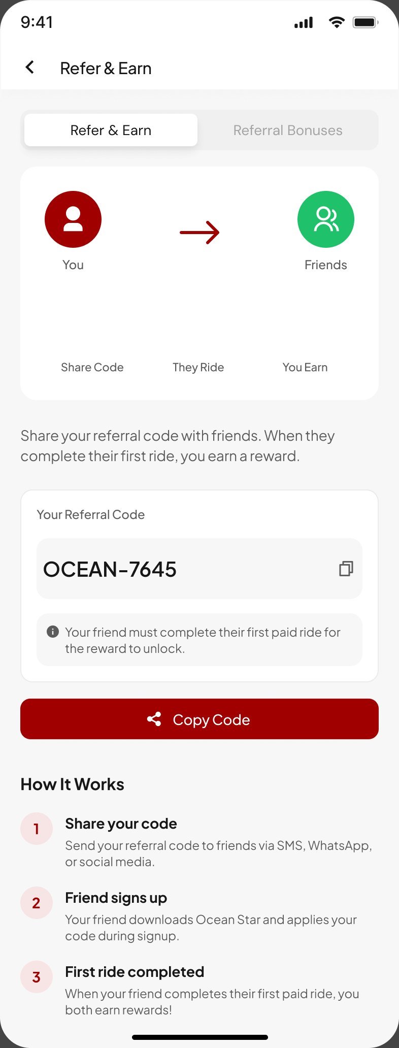Refer and Earn screen with referral code OCEAN-7645, copy code button and how it works steps
