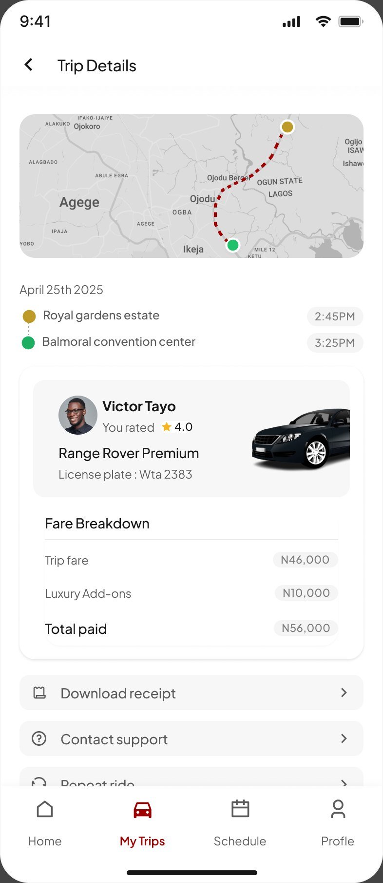 Trip details with fare breakdown: trip fare 46,000, luxury add-ons 10,000, total paid 56,000 naira