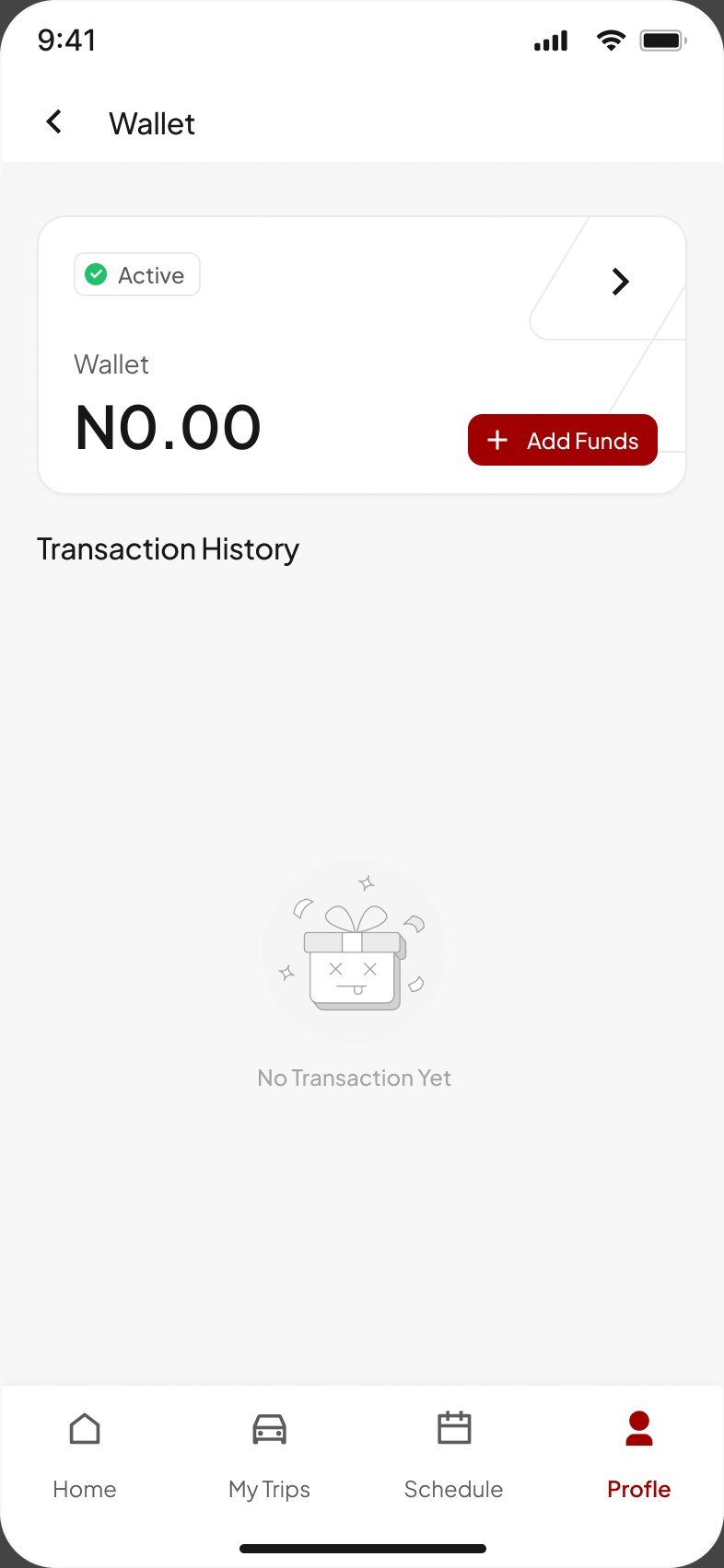 Wallet with zero balance, Add Funds button and an empty transaction history illustration