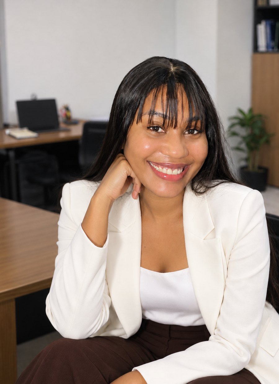 Sandra Onyenanu smiling in a white blazer