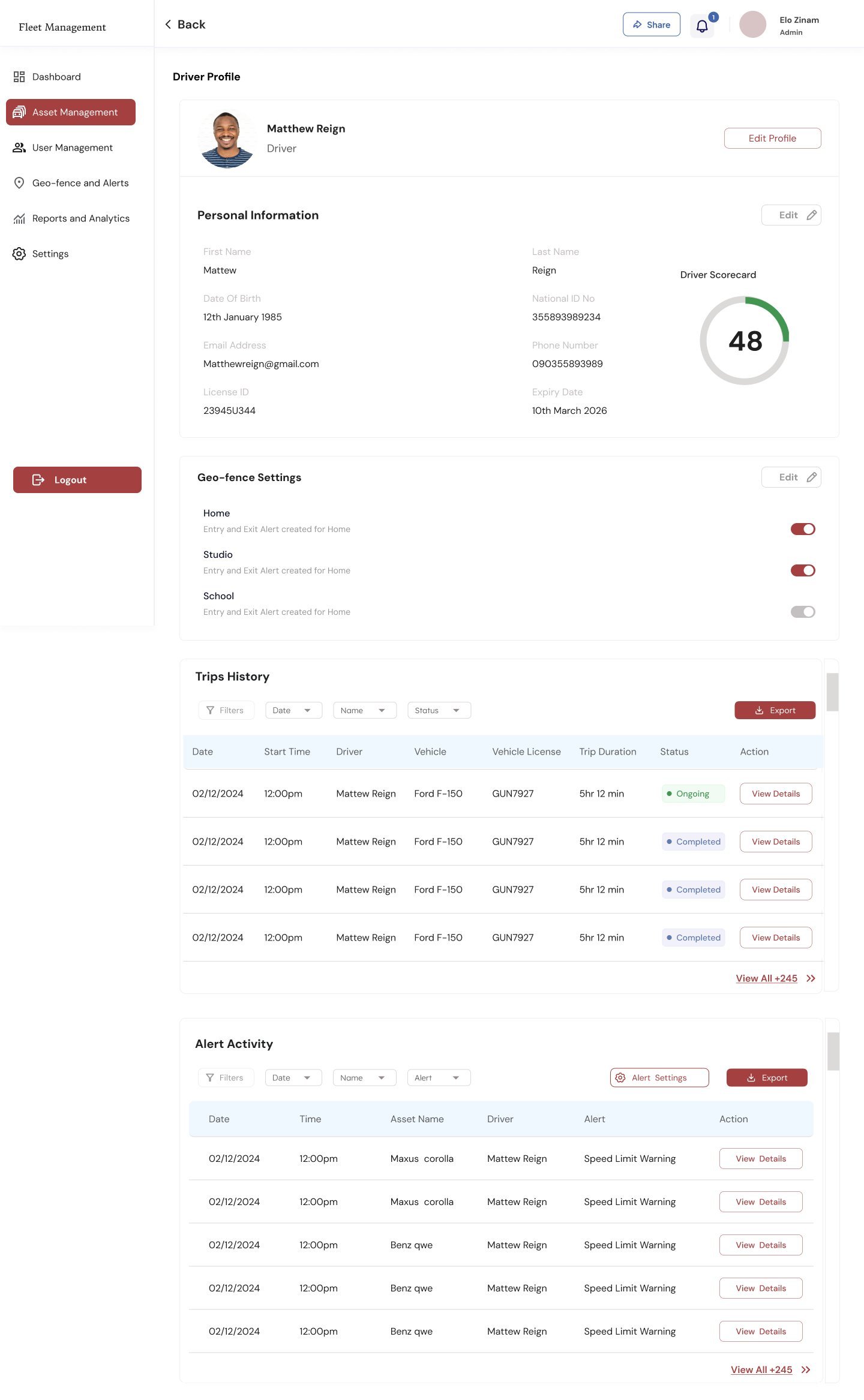 Driver profile for Matthew Reign with personal information, a driver scorecard of 48, geofence settings and trip history