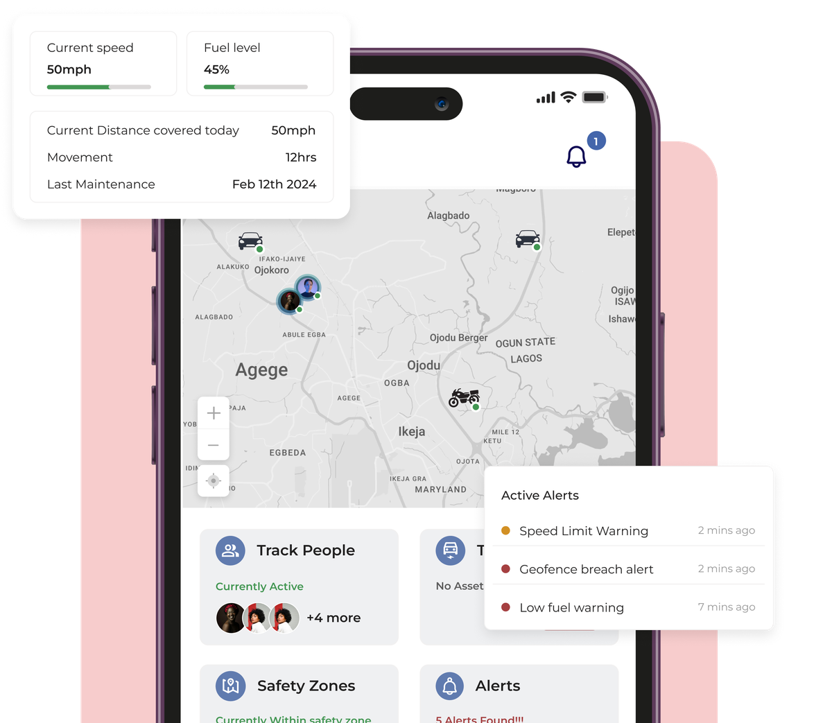 Traxovia mobile app home with a live map, track people, safety zones and alerts cards, and floating speed, fuel and active alerts panels