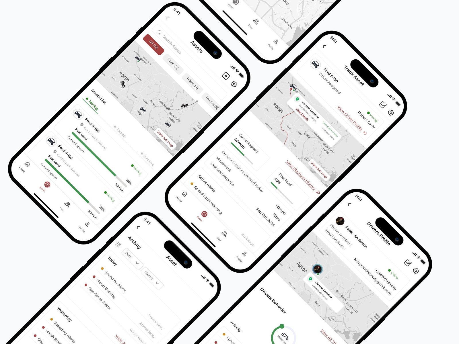 Traxovia mobile screens: assets list with fuel levels, track asset with current speed and active alerts, activity log of speeding and harsh braking alerts, and a driver profile with a 67% behaviour score