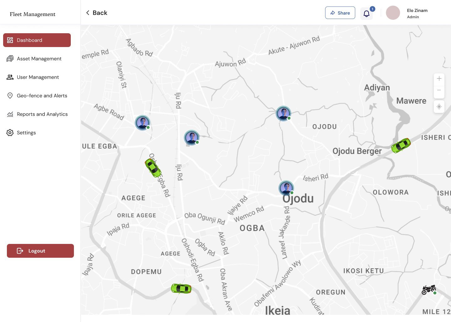 Full-screen live map of Lagos with cars, trucks, bikes and people shown as live markers