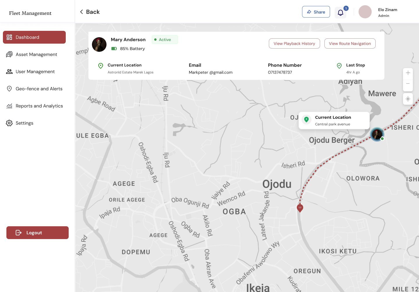 Person tracking: Mary Anderson's current location, battery level, contact details and her dotted route on the map with playback and route navigation buttons