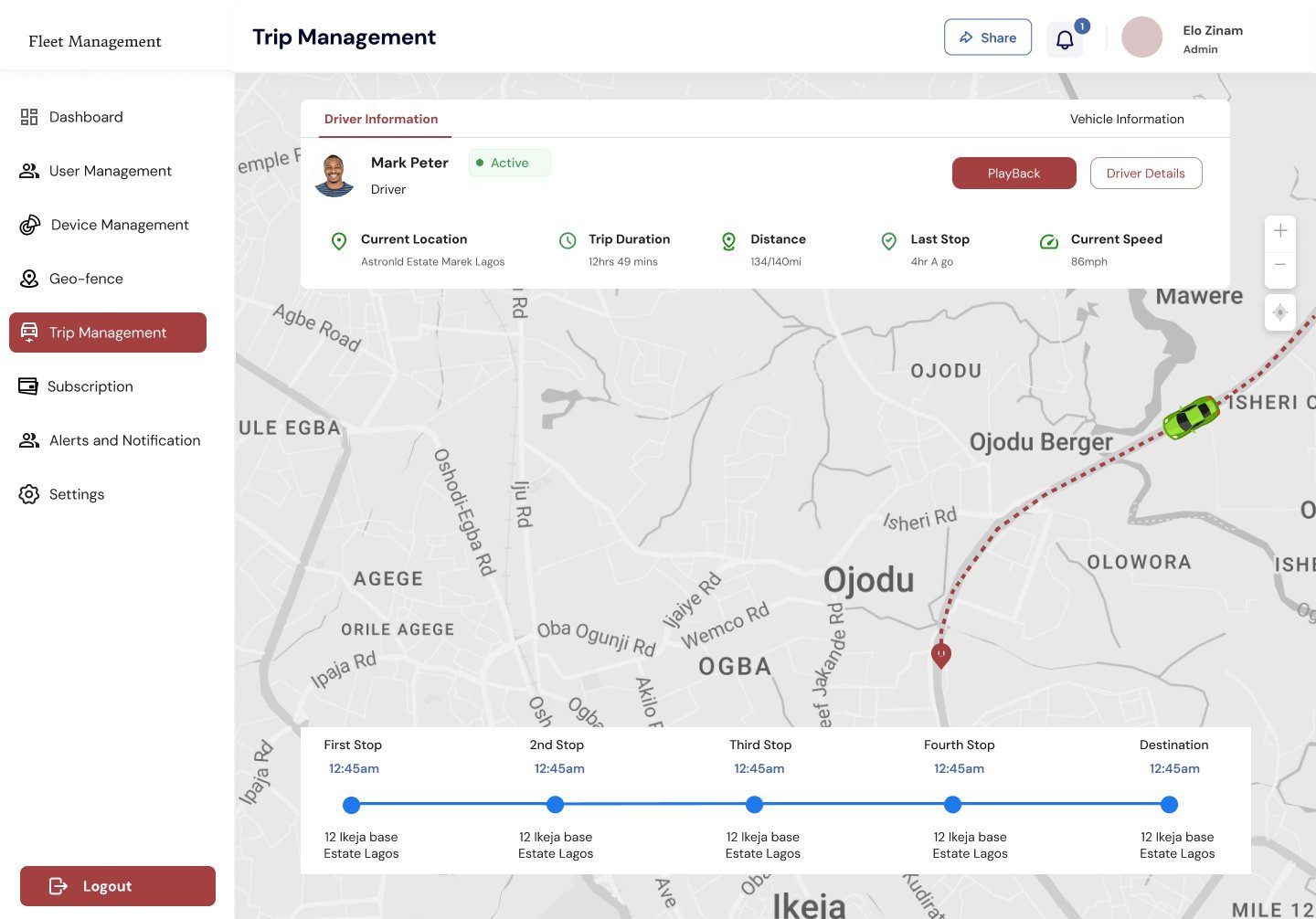 Trip details for driver Mark Peter with current location, trip duration, distance, last stop and current speed, the route on the map and a timeline of five stops