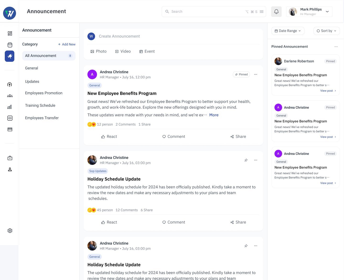 Announcements feed with categories, pinned posts, reactions and comments