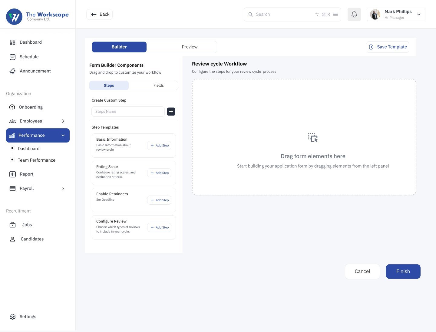 Review cycle form builder with step templates on the left and a drag and drop canvas
