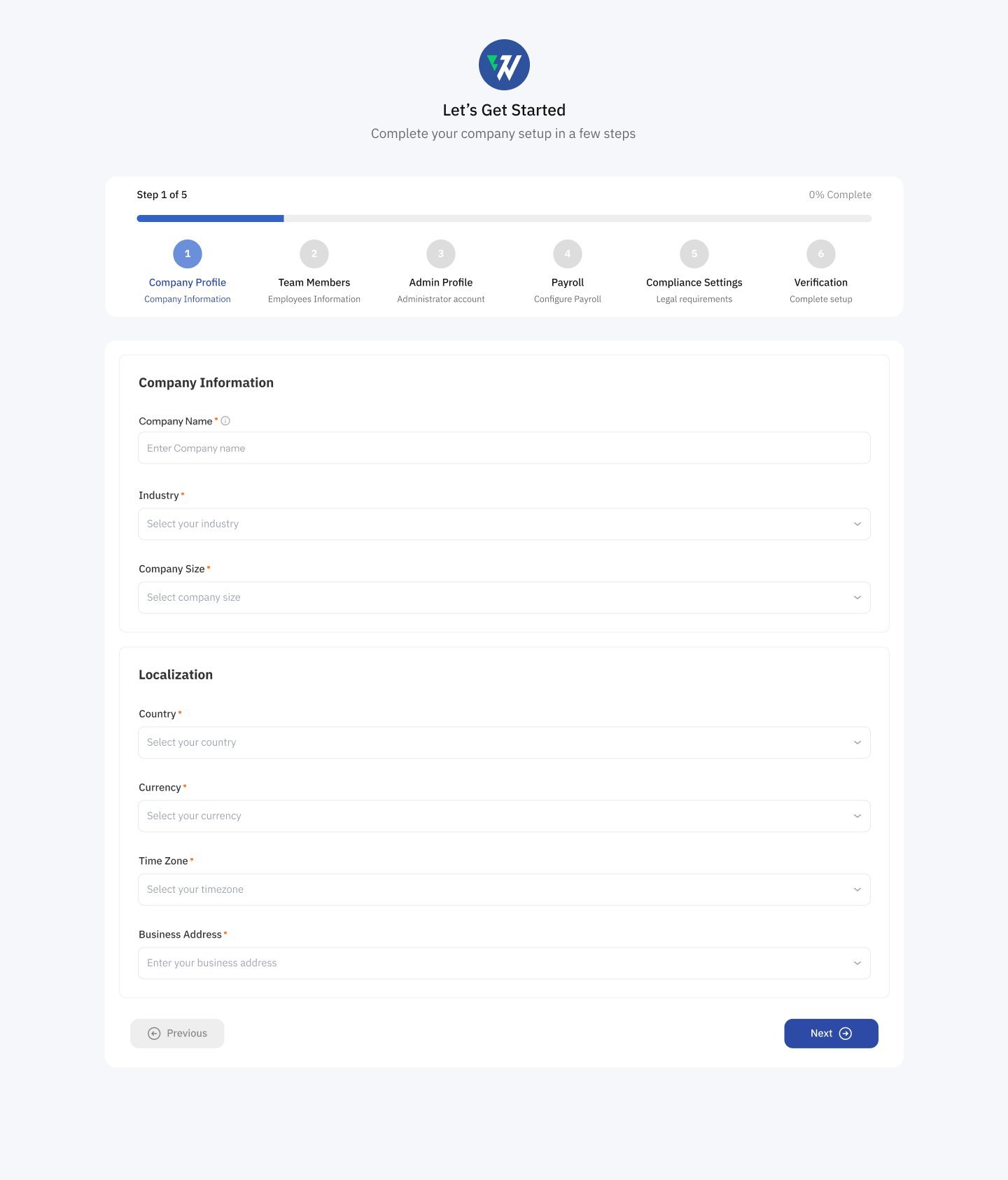Company setup wizard, step 1 of 5, with company information and localisation fields for country, currency and time zone
