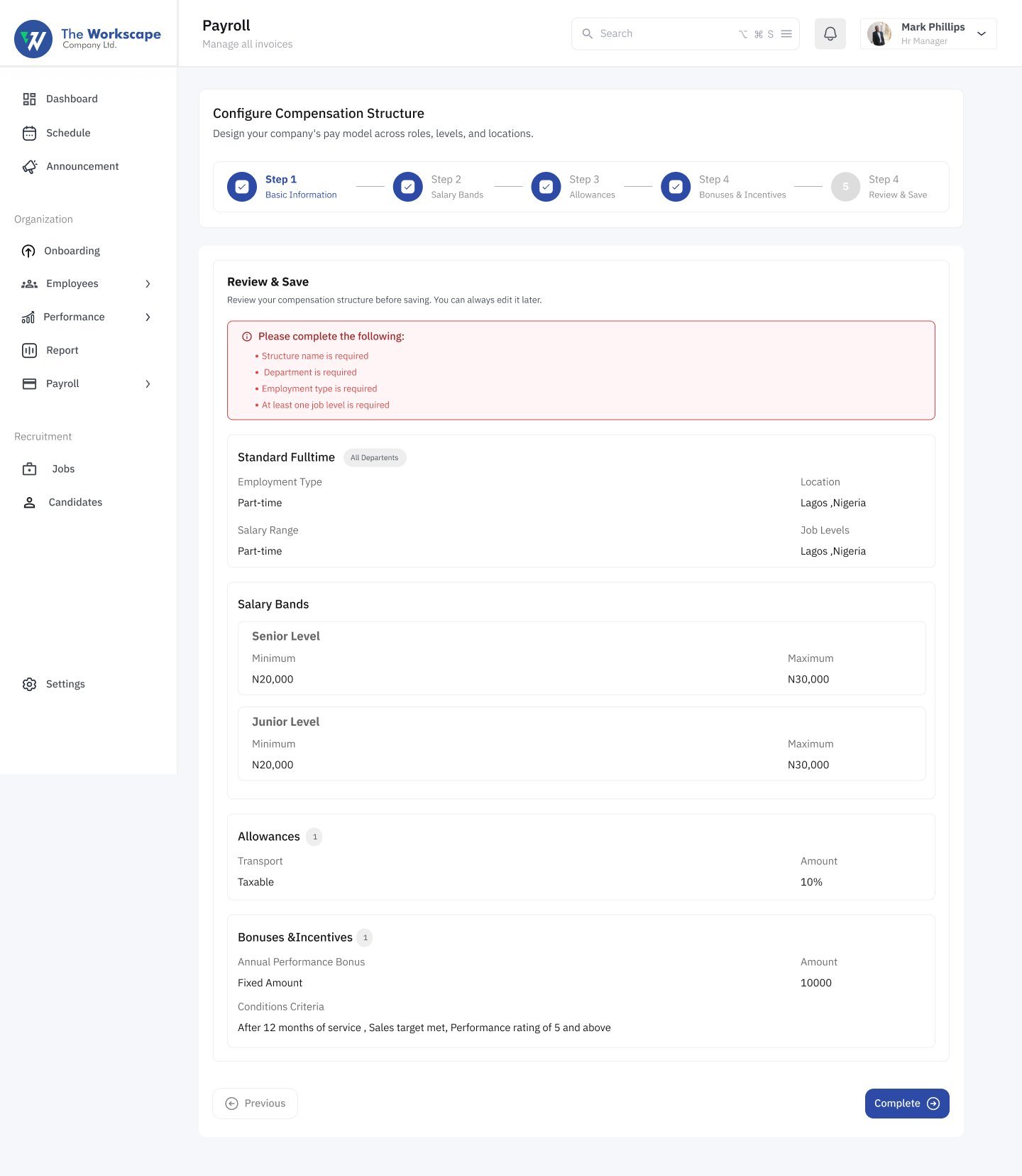 Configure compensation structure review step listing missing fields, salary bands, allowances and bonuses