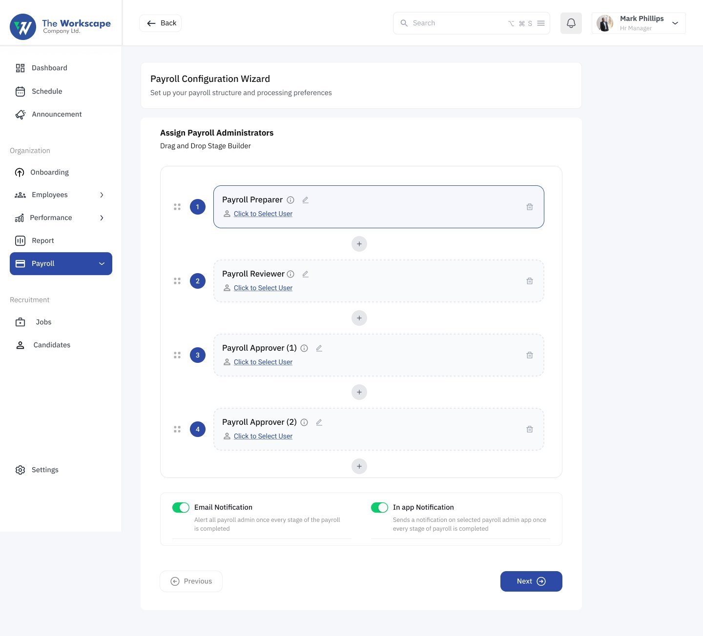 Payroll configuration wizard assigning a payroll preparer, reviewer and two approvers, with email and in-app notifications