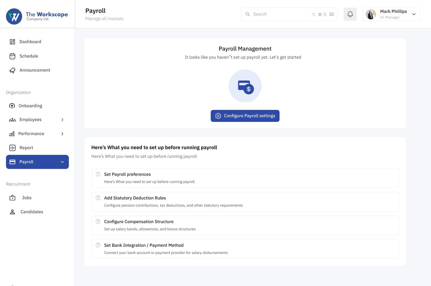 Payroll empty state with a Configure payroll settings button and a checklist of what to set up before running payroll