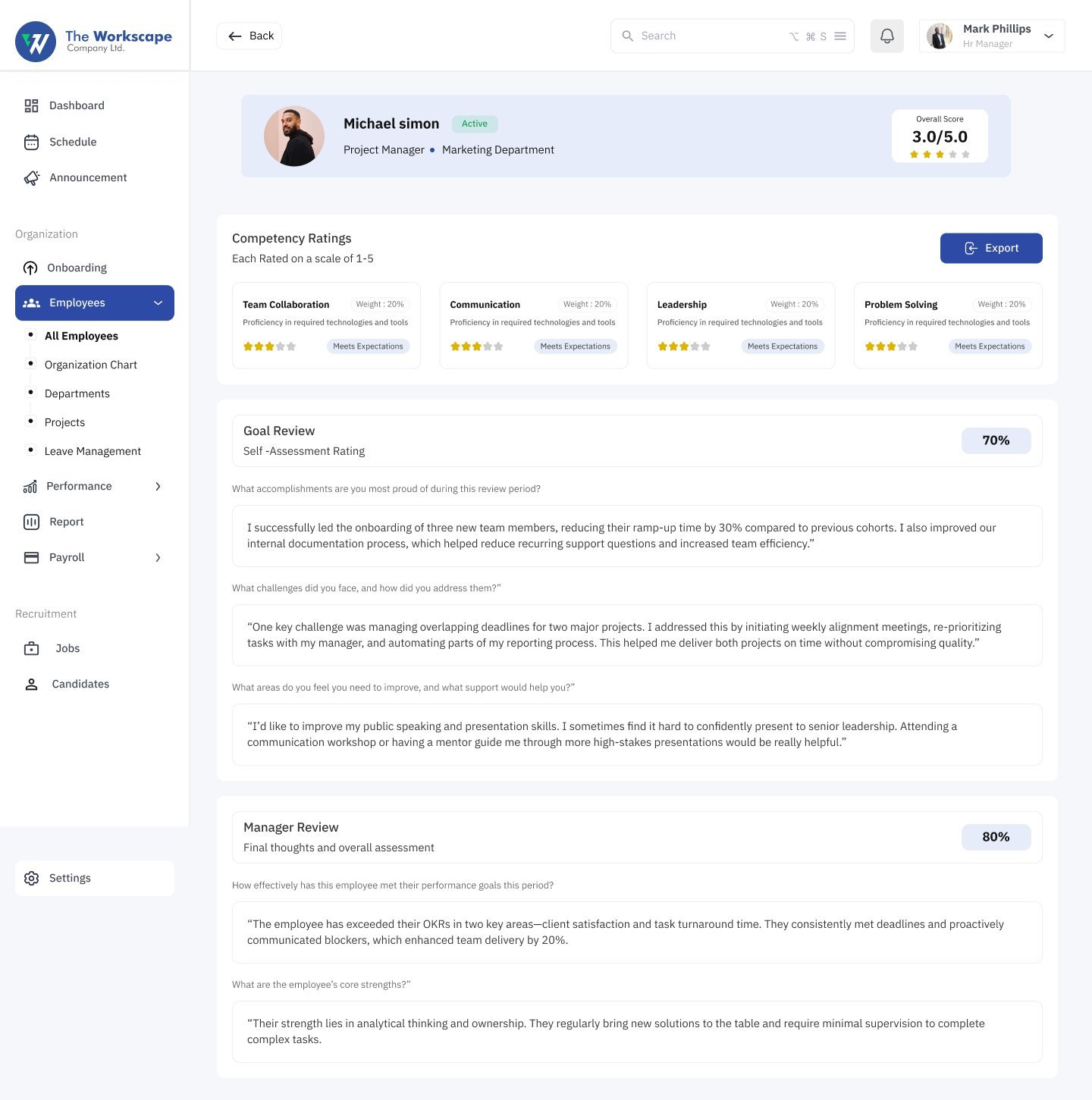 Employee performance review with competency ratings, goal review at 70% and manager review at 80%
