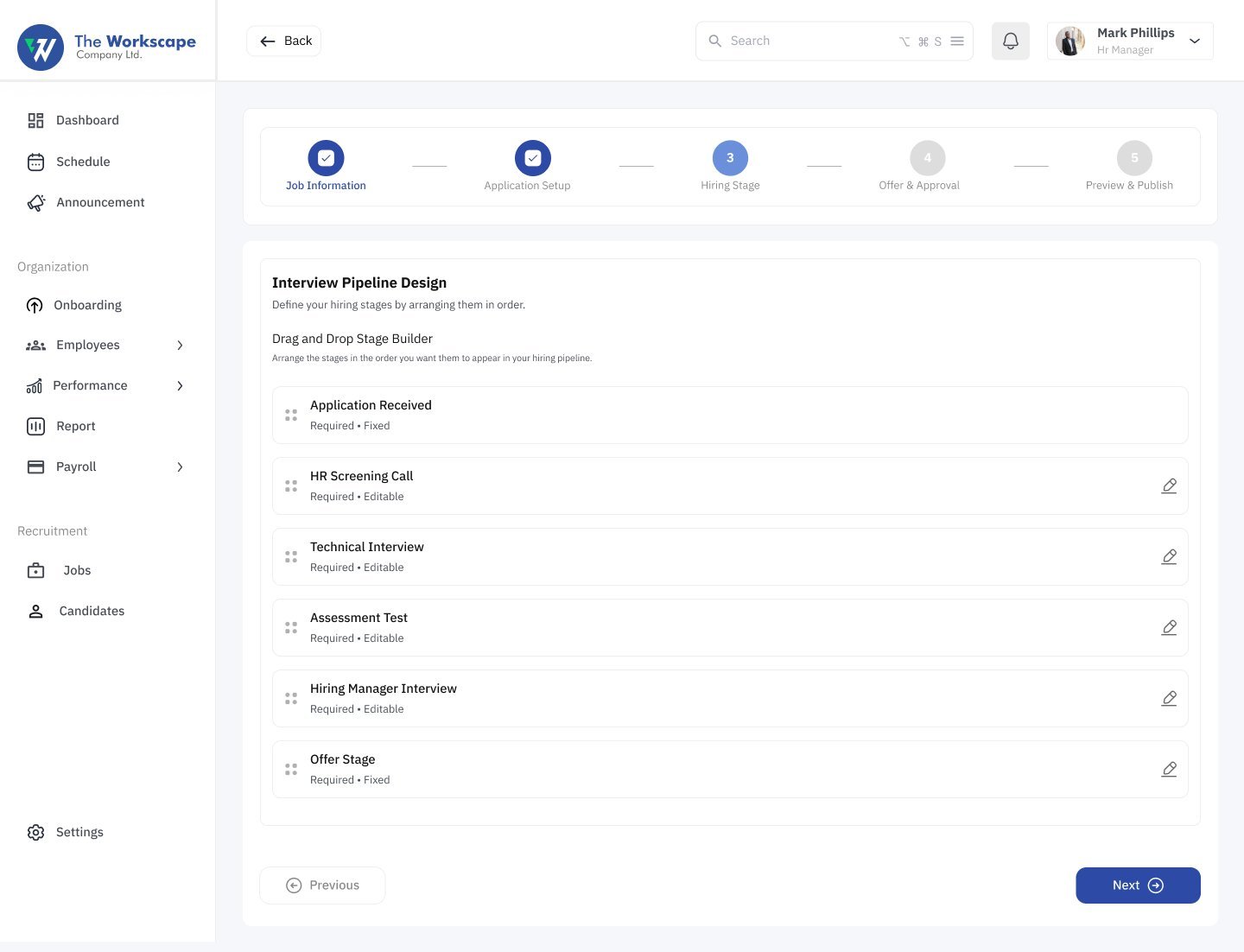 Interview pipeline design with drag and drop hiring stages from application received to offer